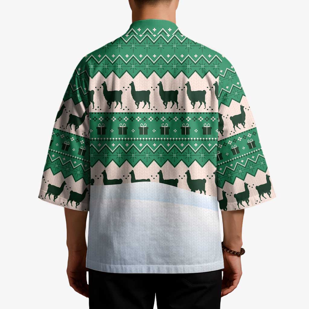 Llama Decorating Tree in Santa Hat Kimono with Green Gift Pattern Design - Wonder Print Shop