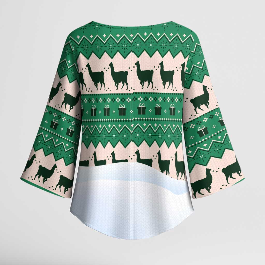 Llama Decorating Tree in Santa Hat Kimono Sleeve Blouse with Green Gift Pattern Design - Wonder Print Shop