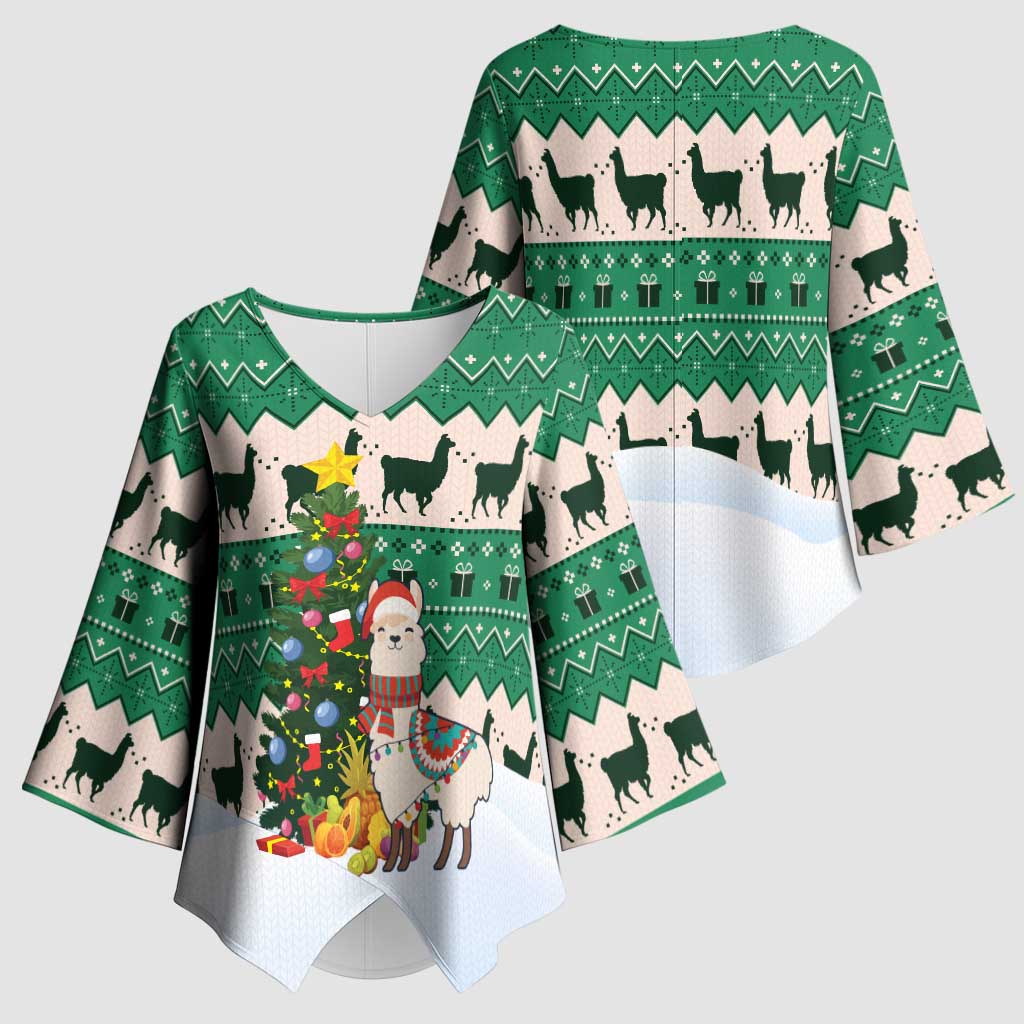 Llama Decorating Tree in Santa Hat Kimono Sleeve Blouse with Green Gift Pattern Design - Wonder Print Shop
