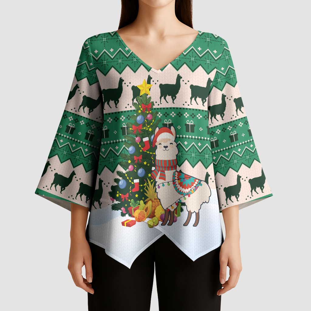 Llama Decorating Tree in Santa Hat Kimono Sleeve Blouse with Green Gift Pattern Design - Wonder Print Shop