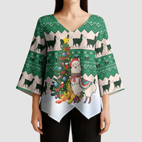 Llama Decorating Tree in Santa Hat Kimono Sleeve Blouse with Green Gift Pattern Design - Wonder Print Shop