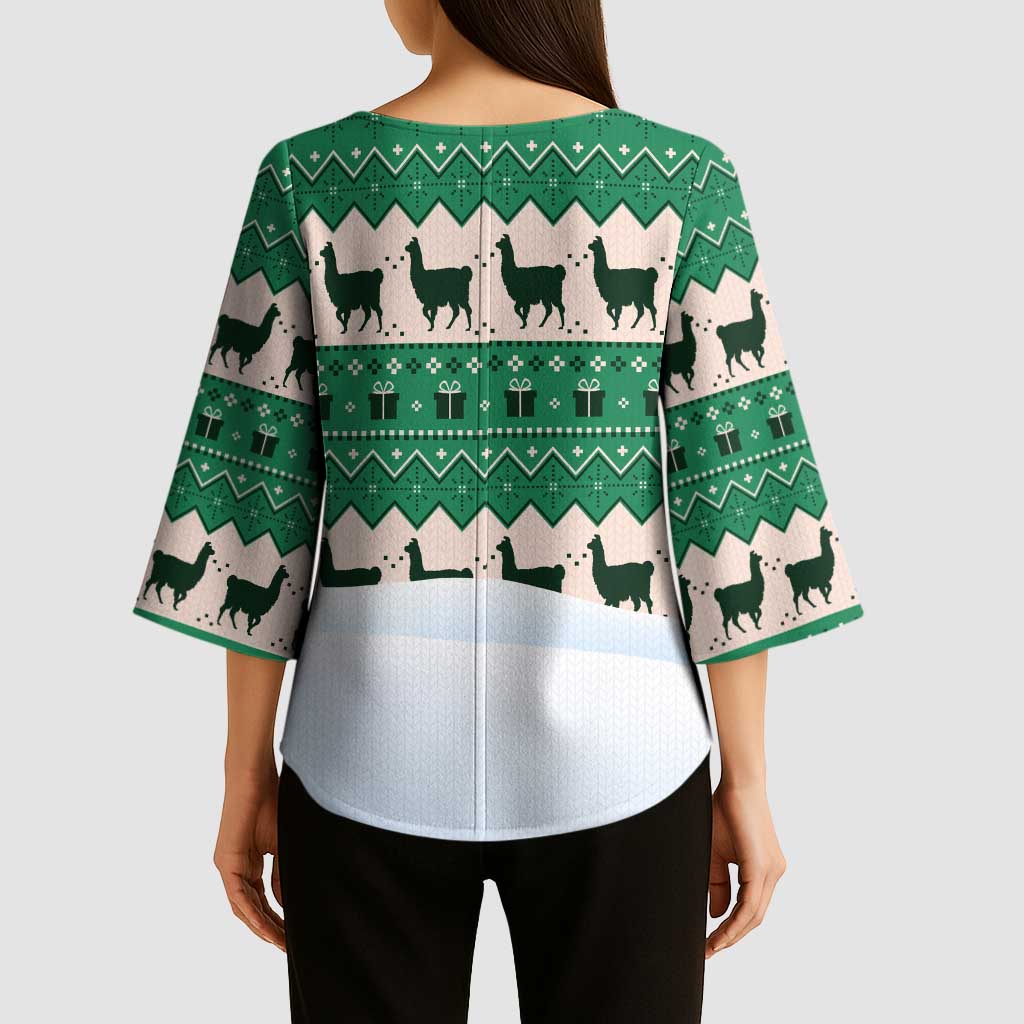 Llama Decorating Tree in Santa Hat Kimono Sleeve Blouse with Green Gift Pattern Design - Wonder Print Shop
