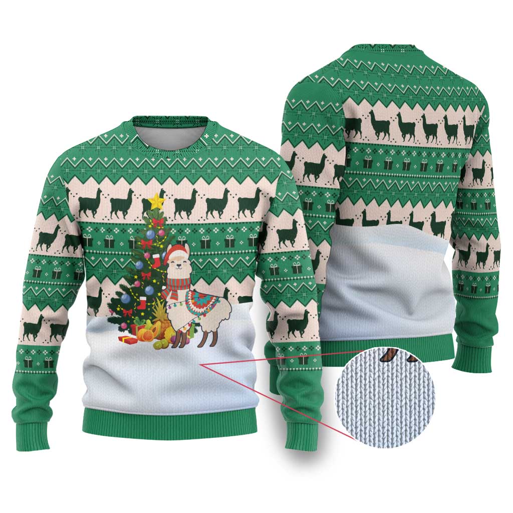 Llama Decorating Tree in Santa Hat Ugly Christmas Sweater with Green Gift Pattern Design - Wonder Print Shop