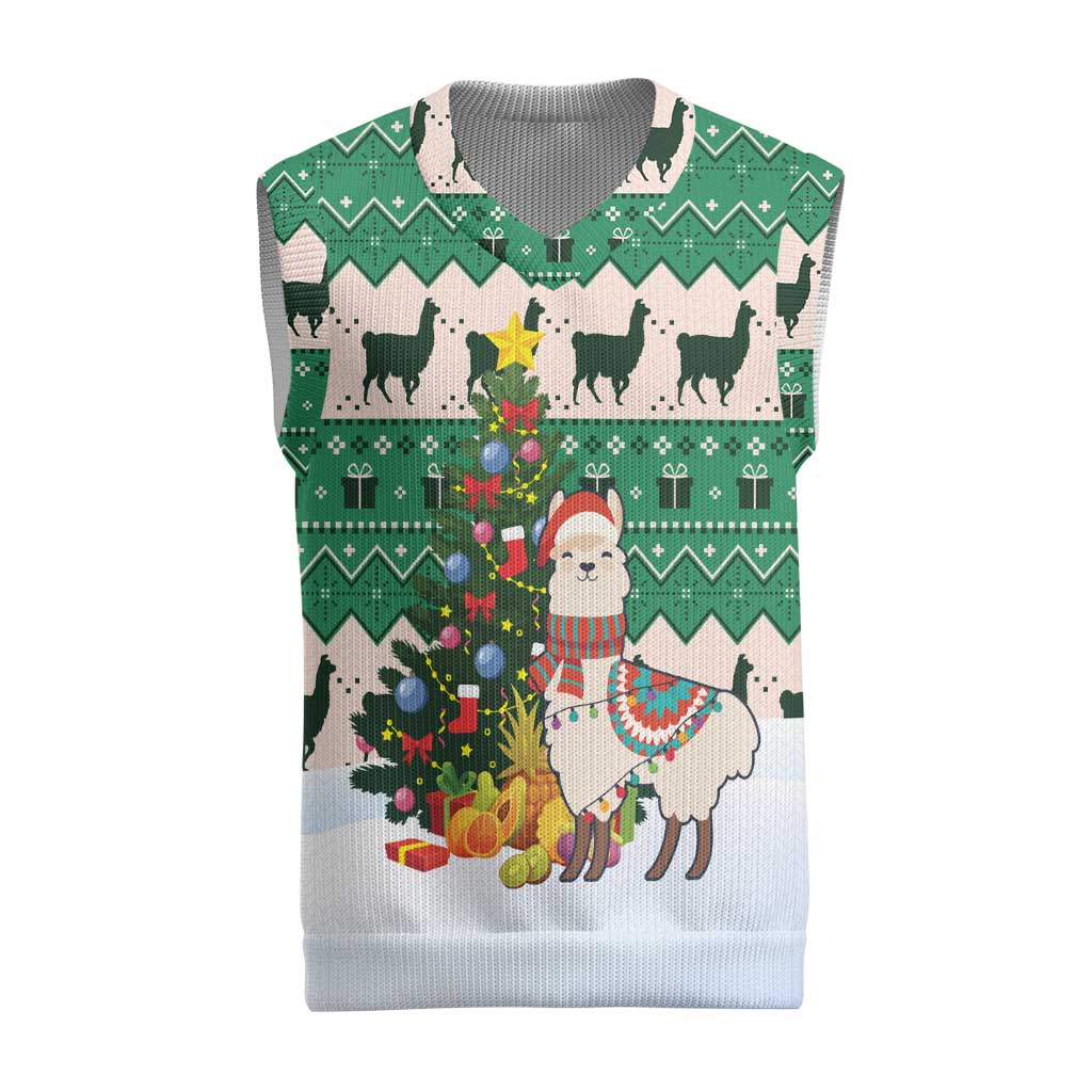 Llama Decorating Tree in Santa Hat Christmas Knitted V-Neck Vest with Green Gift Pattern Design - Wonder Print Shop
