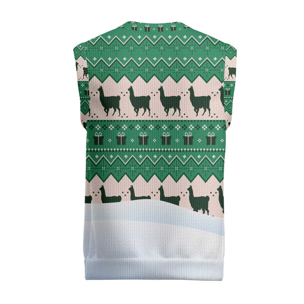 Llama Decorating Tree in Santa Hat Christmas Knitted V-Neck Vest with Green Gift Pattern Design - Wonder Print Shop