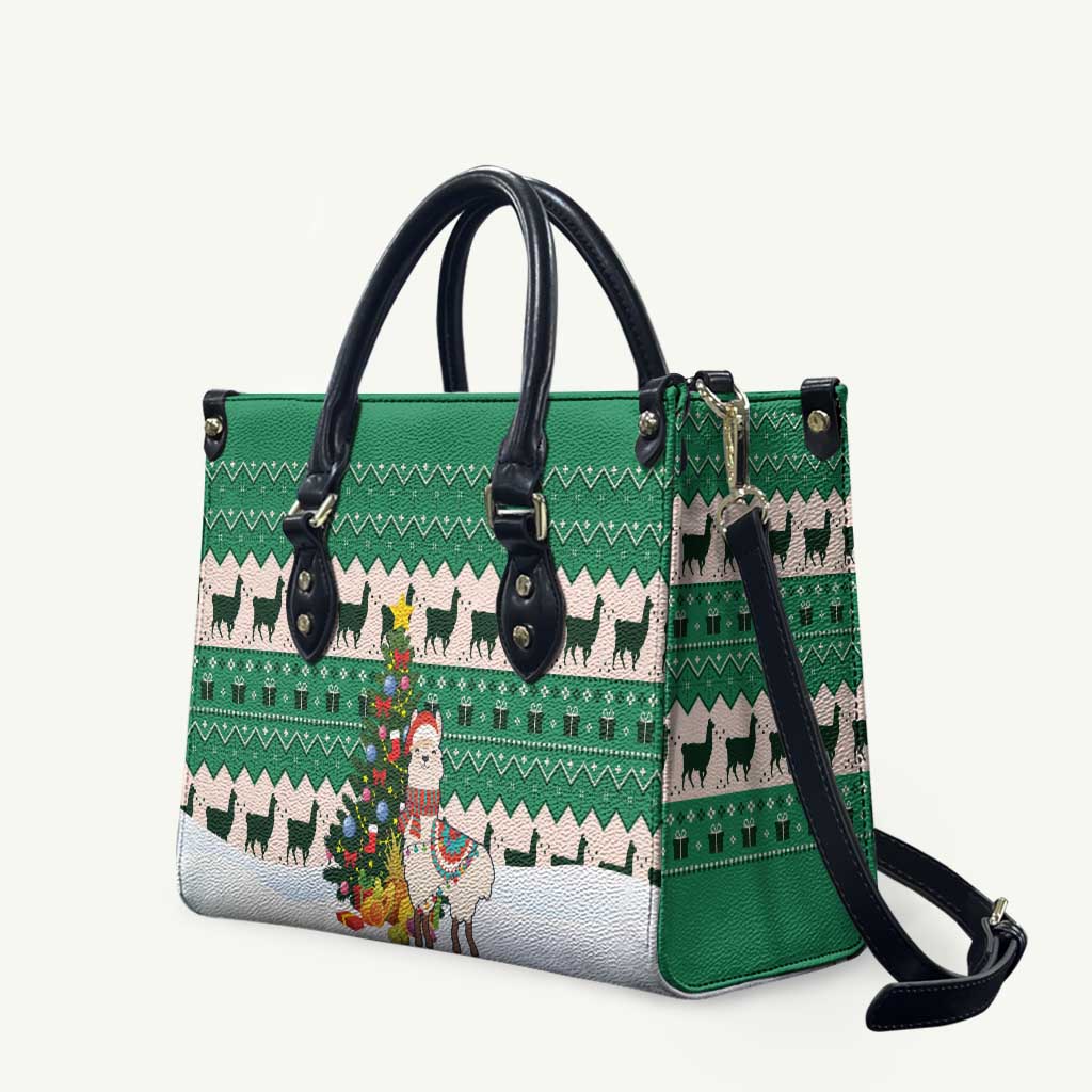 Llama Decorating Tree in Santa Hat Leather Bag with Green Gift Pattern Design - Wonder Print Shop