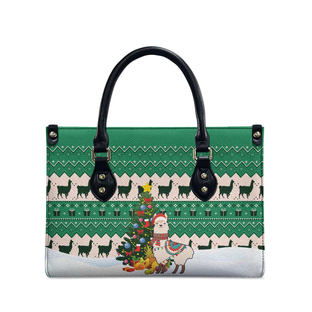 Llama Decorating Tree in Santa Hat Leather Bag with Green Gift Pattern Design - Wonder Print Shop