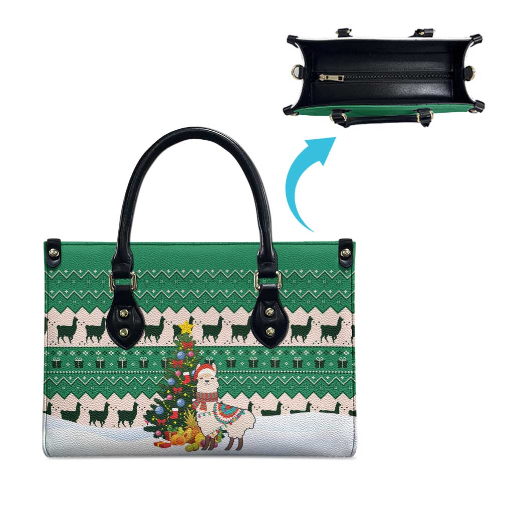 Llama Decorating Tree in Santa Hat Leather Bag with Green Gift Pattern Design - Wonder Print Shop