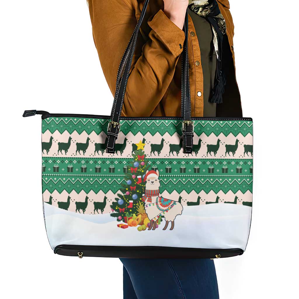Llama Decorating Tree in Santa Hat Leather Tote Bag with Green Gift Pattern Design - Wonder Print Shop