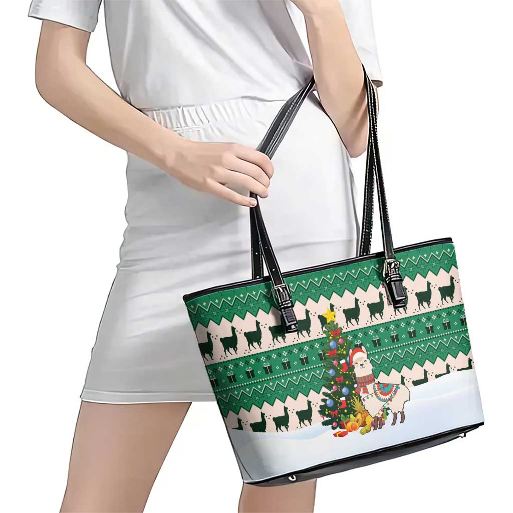 Llama Decorating Tree in Santa Hat Leather Tote Bag with Green Gift Pattern Design - Wonder Print Shop