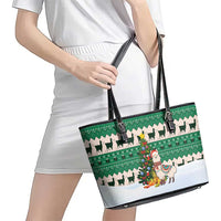 Llama Decorating Tree in Santa Hat Leather Tote Bag with Green Gift Pattern Design - Wonder Print Shop