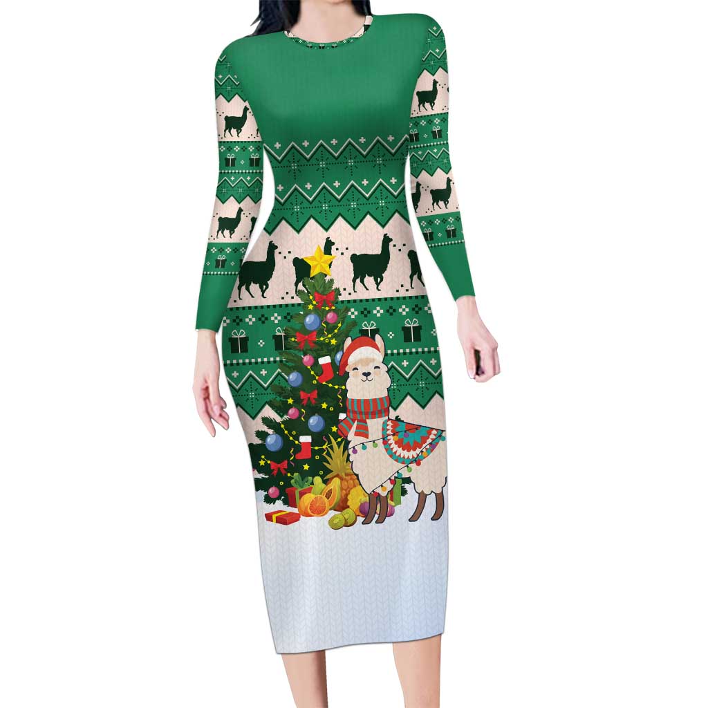 Llama Decorating Tree in Santa Hat Long Sleeve Bodycon Dress with Green Gift Pattern Design - Wonder Print Shop
