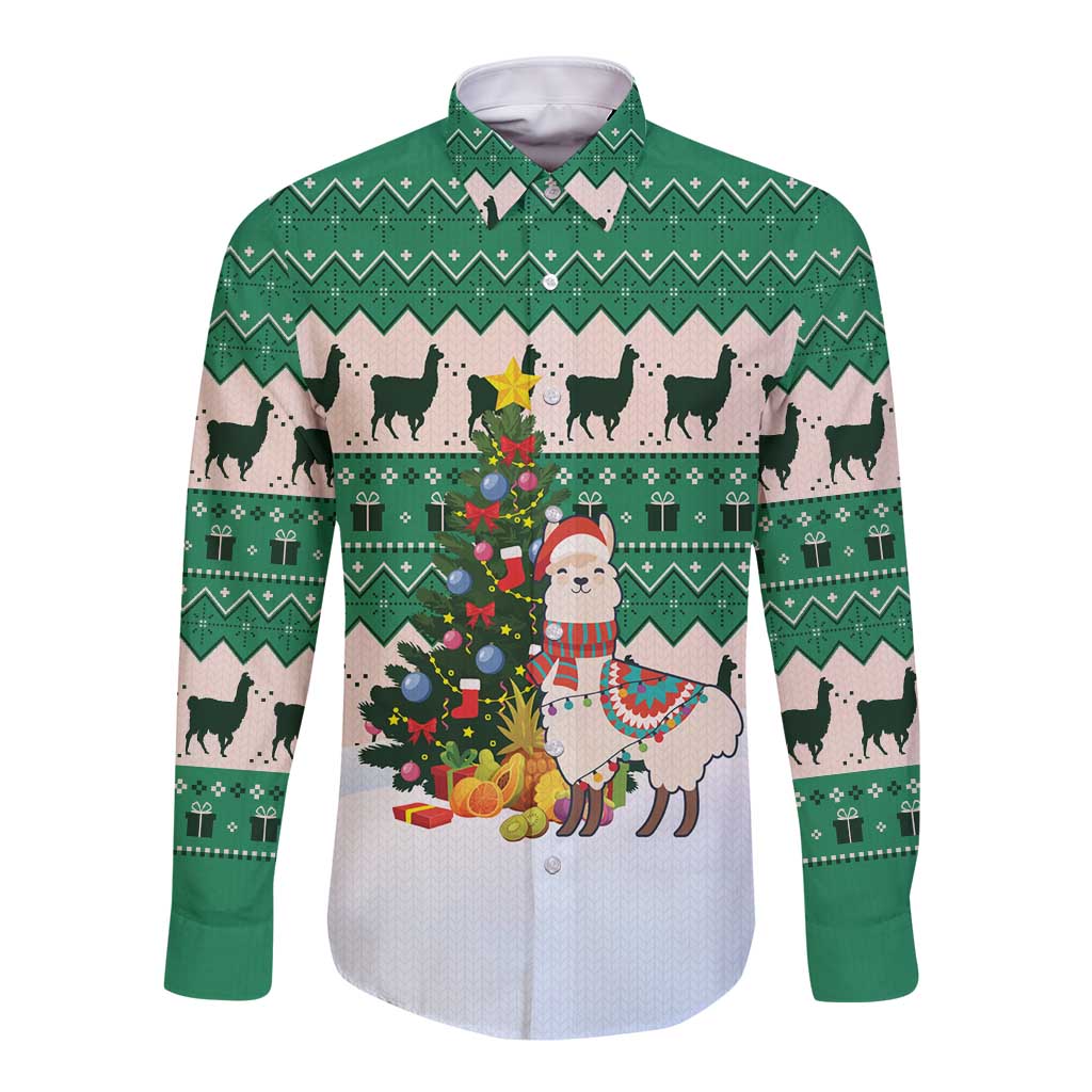 Llama Decorating Tree in Santa Hat Long Sleeve Button Shirt with Green Gift Pattern Design - Wonder Print Shop