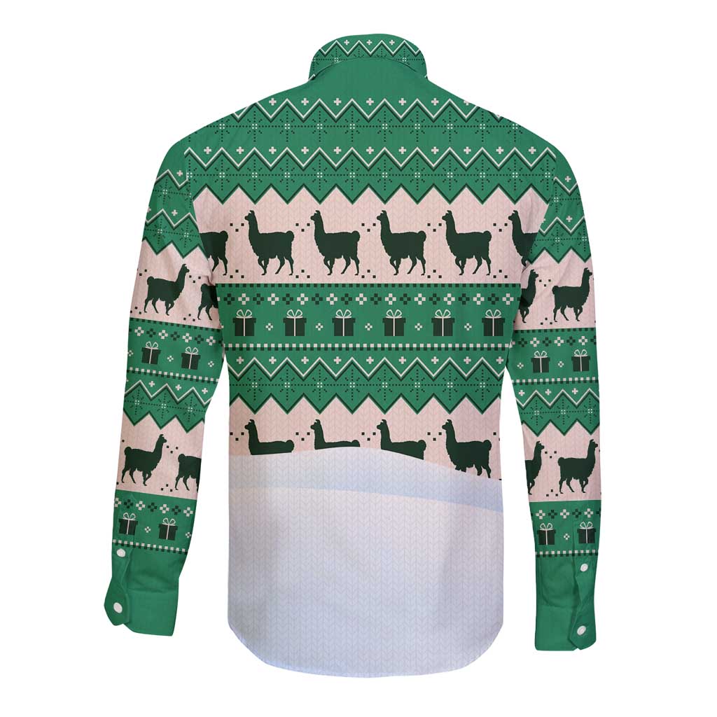 Llama Decorating Tree in Santa Hat Long Sleeve Button Shirt with Green Gift Pattern Design - Wonder Print Shop