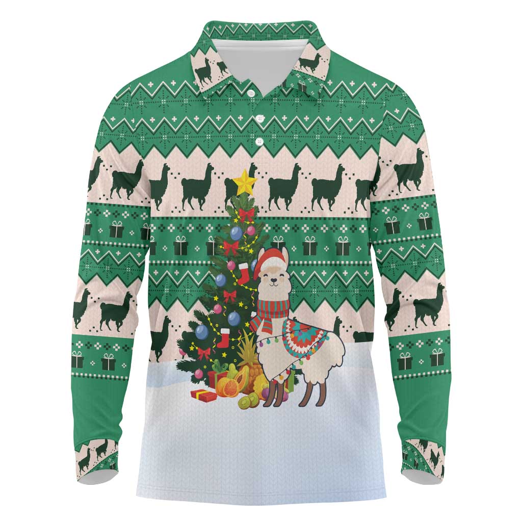 Llama Decorating Tree in Santa Hat Long Sleeve Polo Shirt with Green Gift Pattern Design - Wonder Print Shop