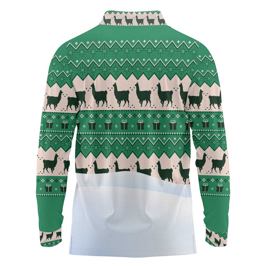 Llama Decorating Tree in Santa Hat Long Sleeve Polo Shirt with Green Gift Pattern Design - Wonder Print Shop