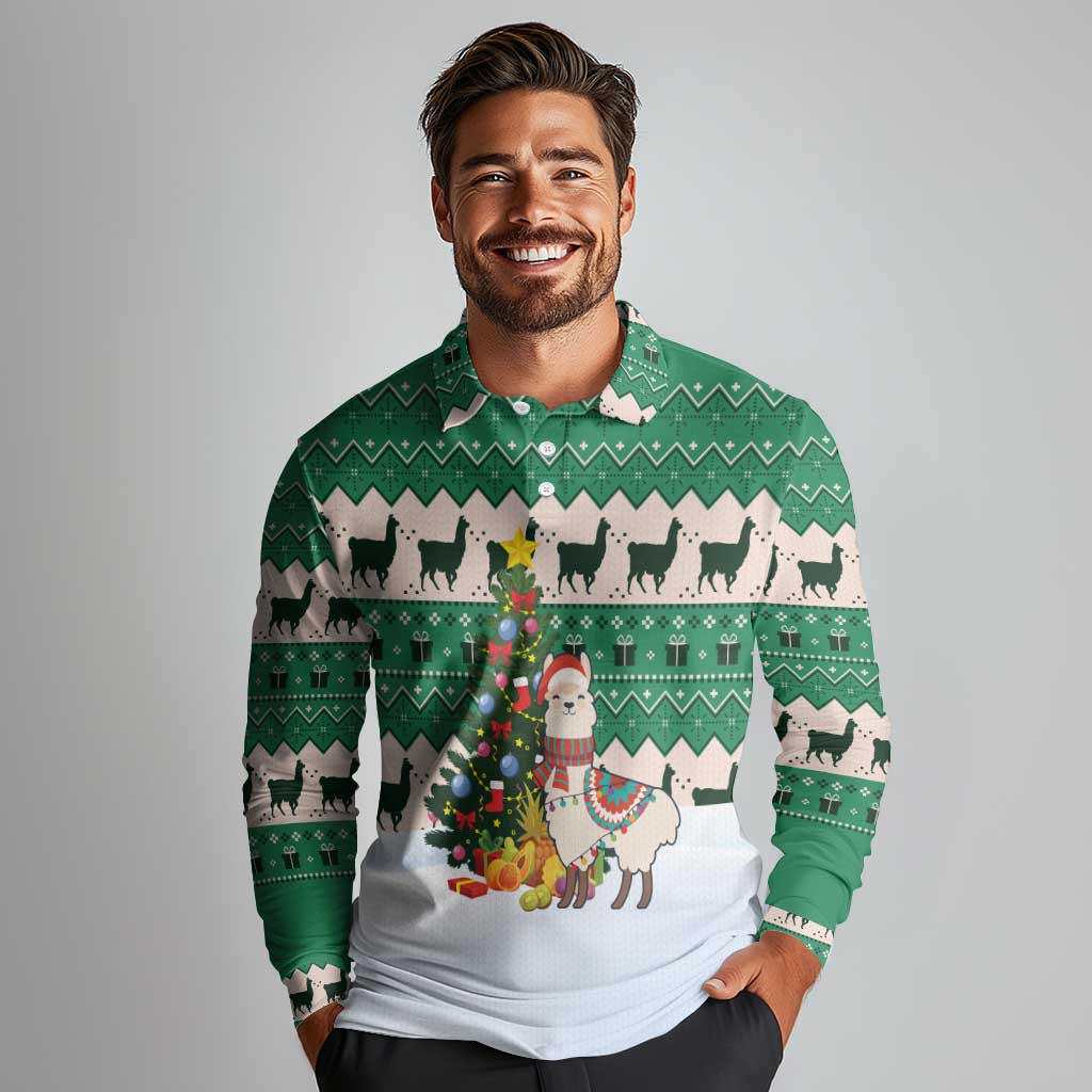 Llama Decorating Tree in Santa Hat Long Sleeve Polo Shirt with Green Gift Pattern Design - Wonder Print Shop