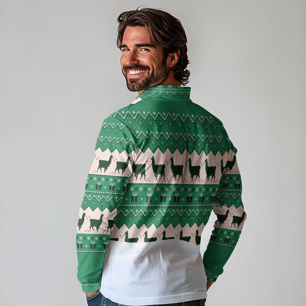 Llama Decorating Tree in Santa Hat Long Sleeve Polo Shirt with Green Gift Pattern Design - Wonder Print Shop