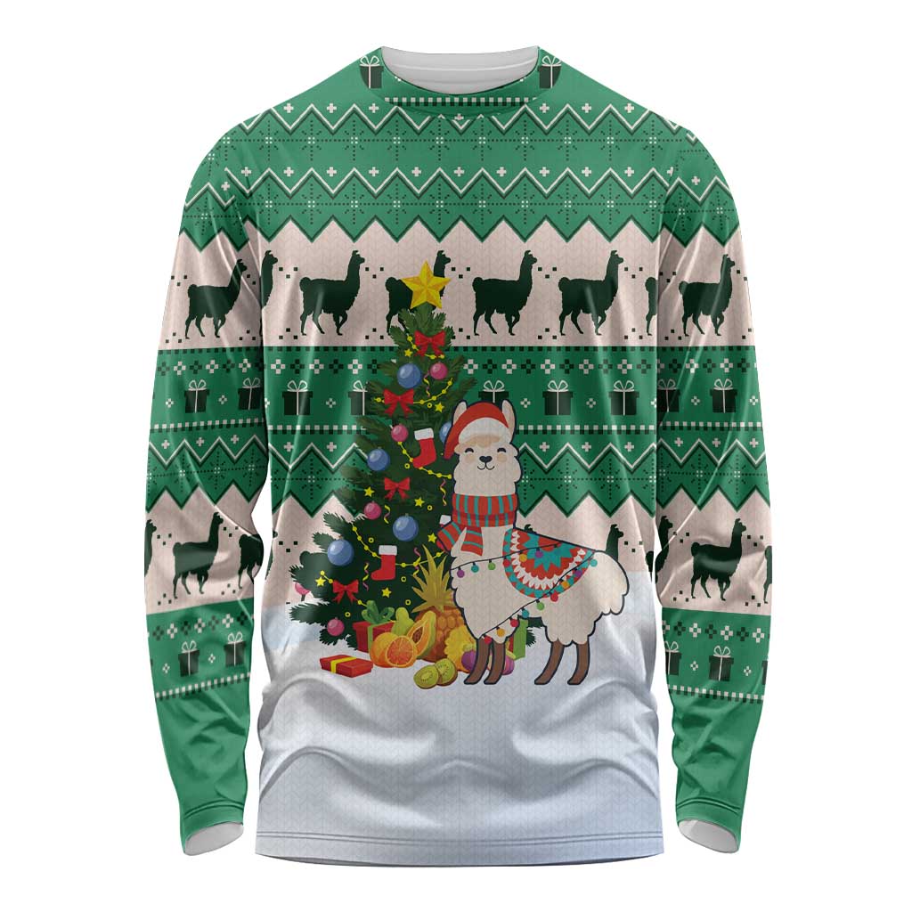 Llama Decorating Tree in Santa Hat Long Sleeve Shirt with Green Gift Pattern Design - Wonder Print Shop