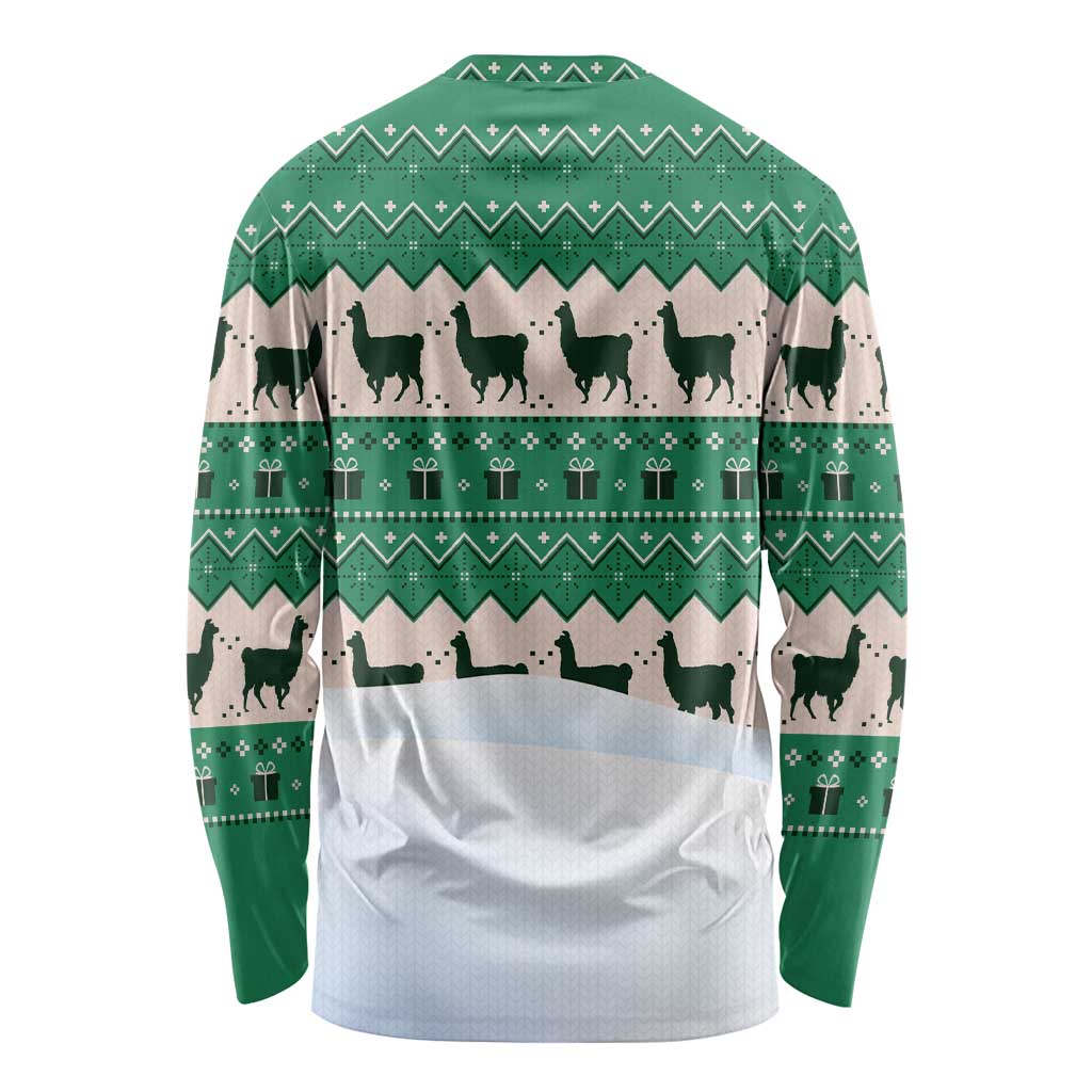 Llama Decorating Tree in Santa Hat Long Sleeve Shirt with Green Gift Pattern Design - Wonder Print Shop