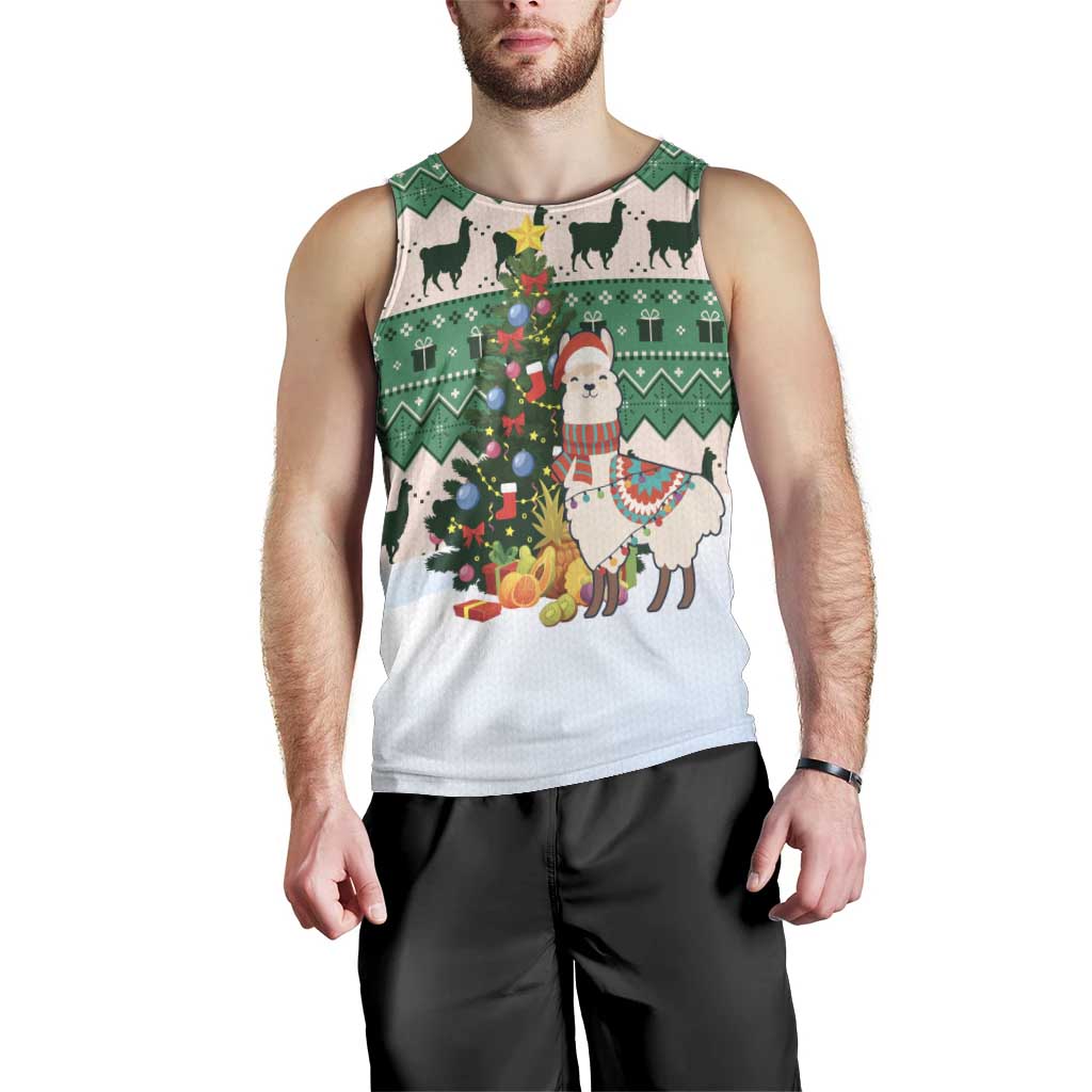 Llama Decorating Tree in Santa Hat Men Tank Top with Green Gift Pattern Design - Wonder Print Shop