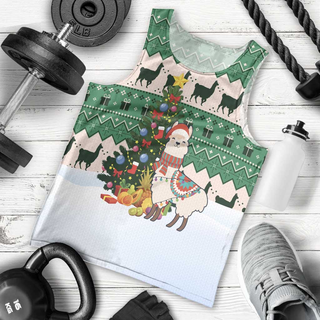 Llama Decorating Tree in Santa Hat Men Tank Top with Green Gift Pattern Design - Wonder Print Shop