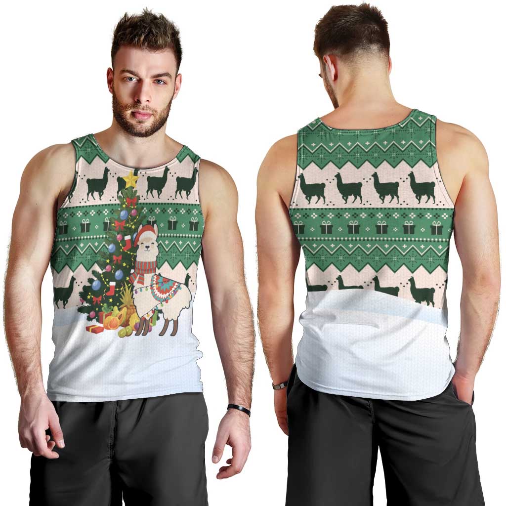 Llama Decorating Tree in Santa Hat Men Tank Top with Green Gift Pattern Design - Wonder Print Shop