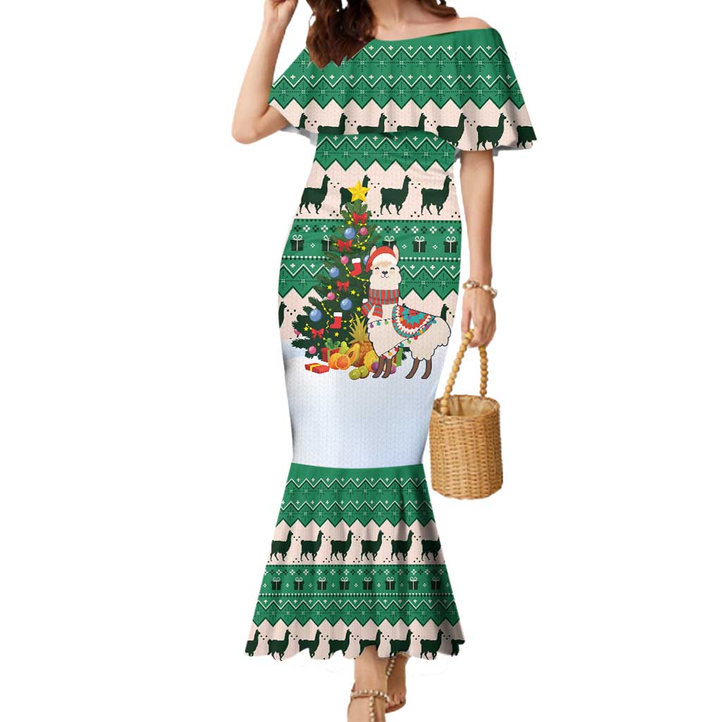 Llama Decorating Tree in Santa Hat Mermaid Dress with Green Gift Pattern Design - Wonder Print Shop