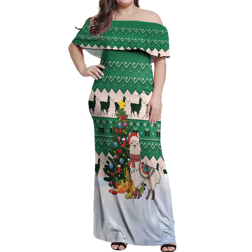 Llama Decorating Tree in Santa Hat Off Shoulder Maxi Dress with Green Gift Pattern Design - Wonder Print Shop