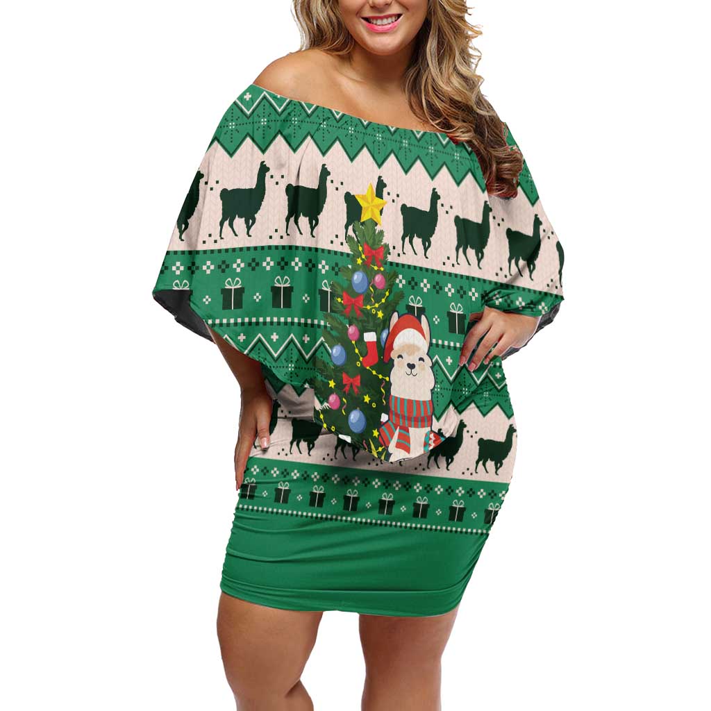 Llama Decorating Tree in Santa Hat Off Shoulder Short Dress with Green Gift Pattern Design - Wonder Print Shop