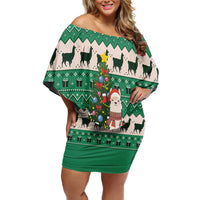 Llama Decorating Tree in Santa Hat Off Shoulder Short Dress with Green Gift Pattern Design - Wonder Print Shop