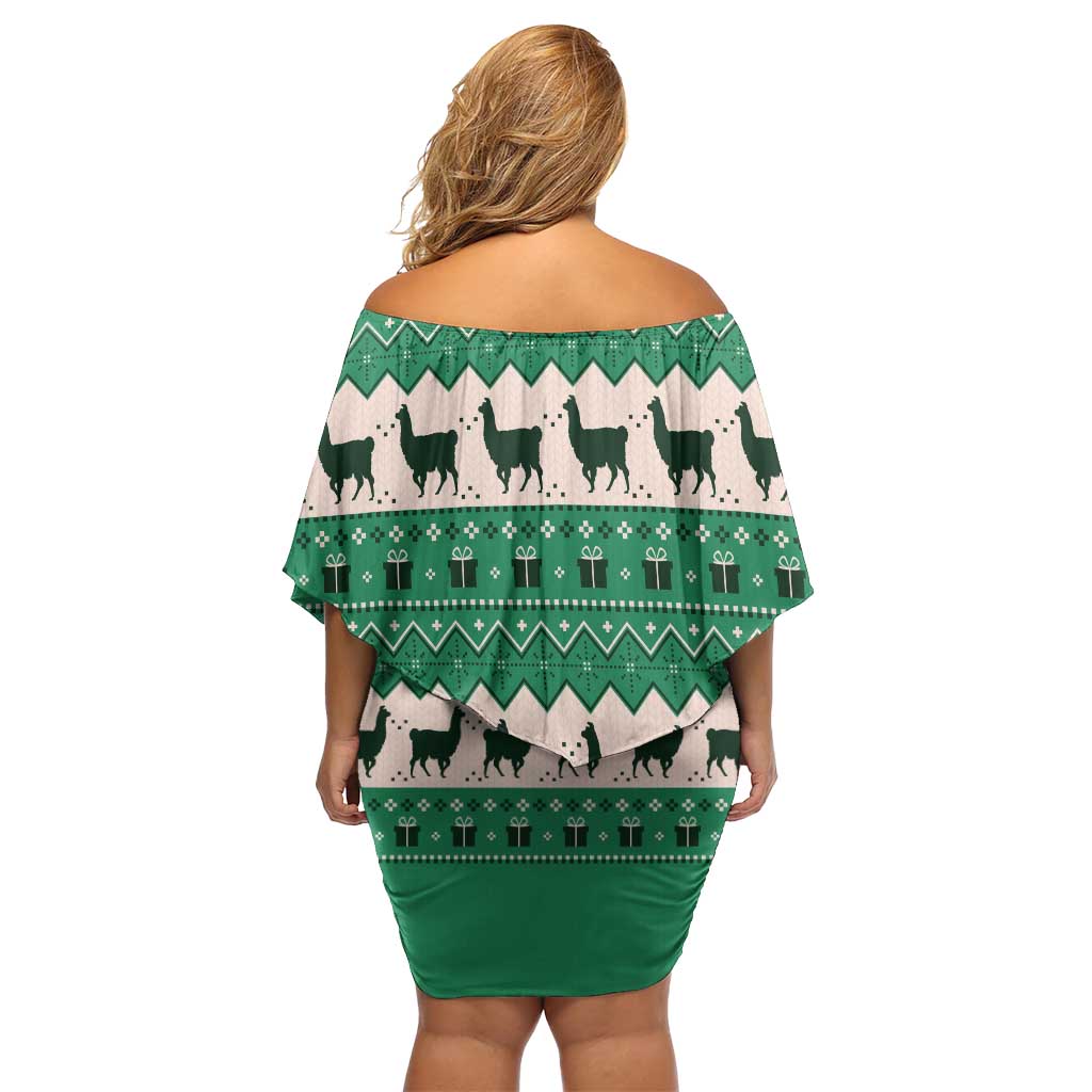 Llama Decorating Tree in Santa Hat Off Shoulder Short Dress with Green Gift Pattern Design - Wonder Print Shop