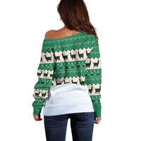 Llama Decorating Tree in Santa Hat Off Shoulder Sweater with Green Gift Pattern Design - Wonder Print Shop
