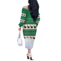 Llama Decorating Tree in Santa Hat Off The Shoulder Long Sleeve Dress with Green Gift Pattern Design - Wonder Print Shop