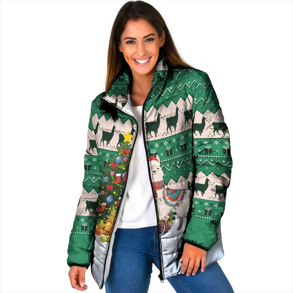Llama Decorating Tree in Santa Hat Padded Jacket with Green Gift Pattern Design - Wonder Print Shop