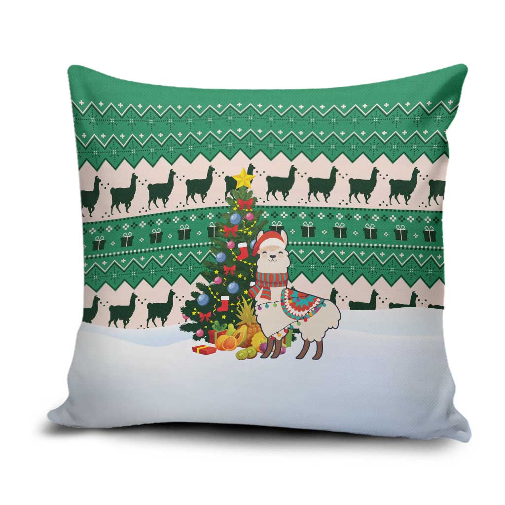 Llama Decorating Tree in Santa Hat Pillow Cover with Green Gift Pattern Design - Wonder Print Shop
