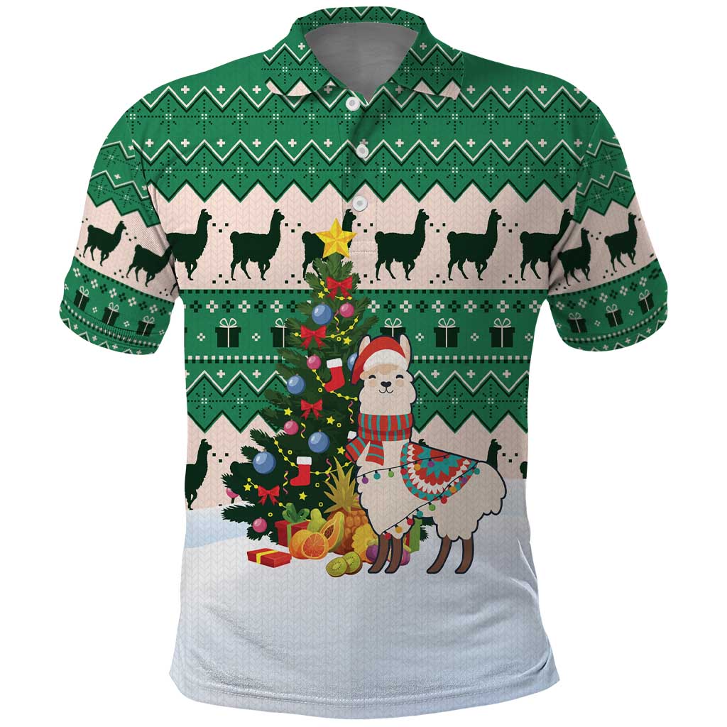 Llama Decorating Tree in Santa Hat Polo Shirt with Green Gift Pattern Design - Wonder Print Shop