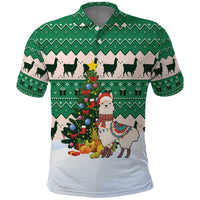 Llama Decorating Tree in Santa Hat Polo Shirt with Green Gift Pattern Design - Wonder Print Shop