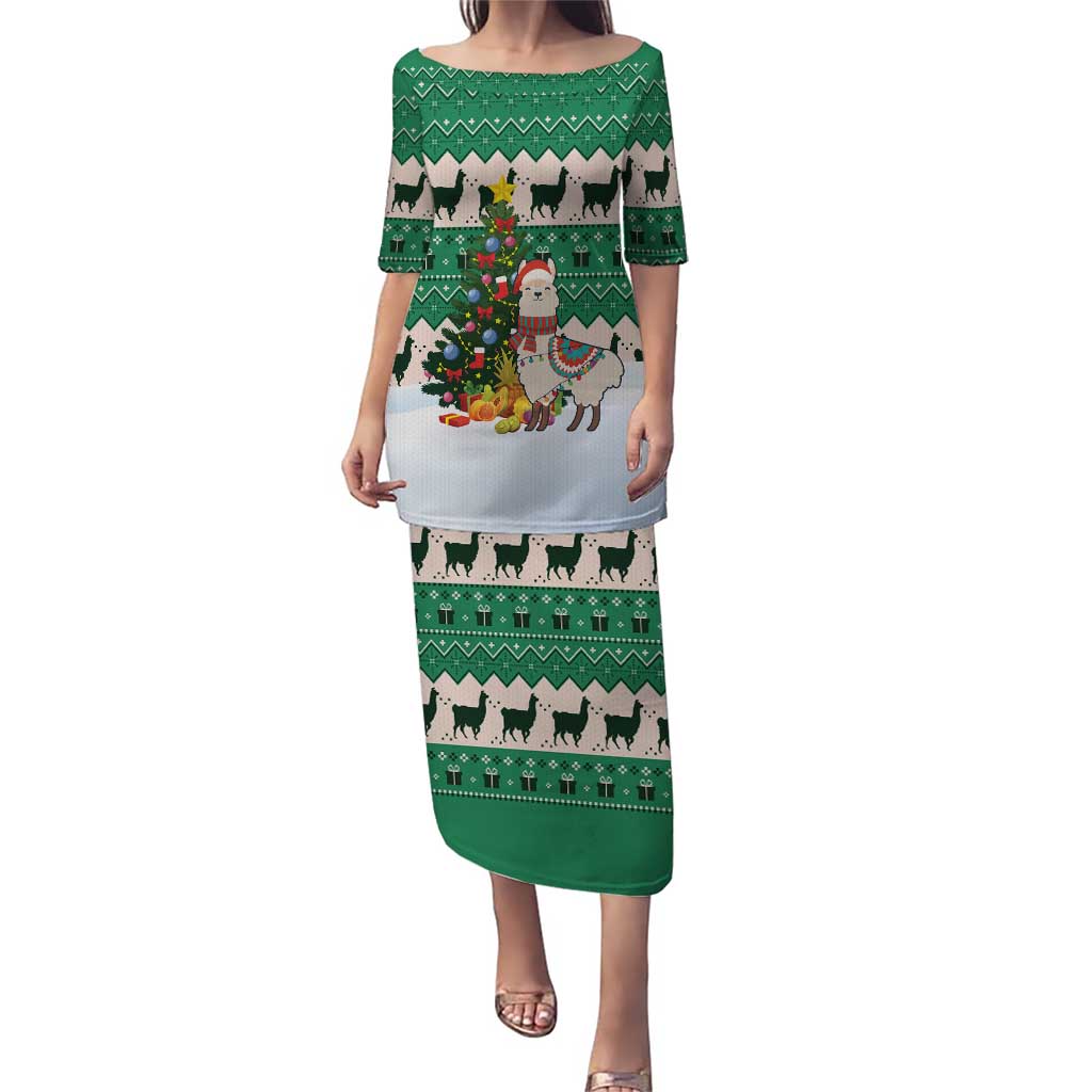 Llama Decorating Tree in Santa Hat Puletasi with Green Gift Pattern Design - Wonder Print Shop