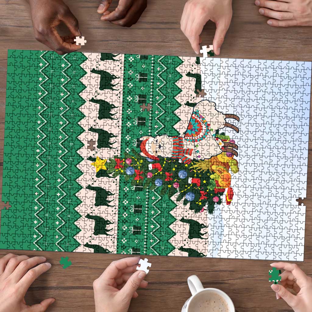 Llama Decorating Tree in Santa Hat Puzzle with Green Gift Pattern Design - Wonder Print Shop