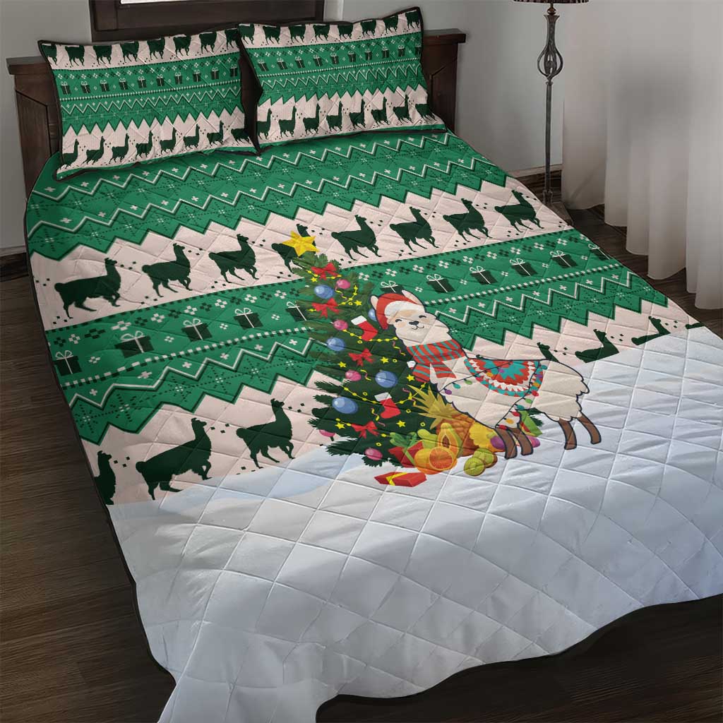 Llama Decorating Tree in Santa Hat Quilt Bed Set with Green Gift Pattern Design - Wonder Print Shop