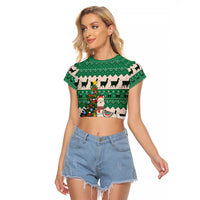 Llama Decorating Tree in Santa Hat Raglan Cropped T Shirt with Green Gift Pattern Design - Wonder Print Shop