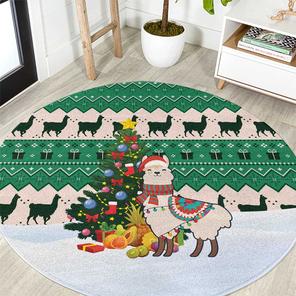 Llama Decorating Tree in Santa Hat Round Carpet with Green Gift Pattern Design - Wonder Print Shop