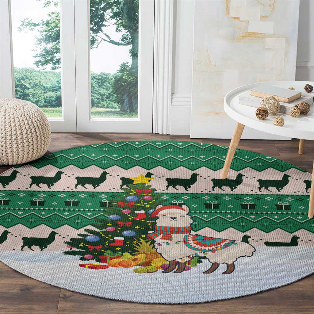 Llama Decorating Tree in Santa Hat Round Carpet with Green Gift Pattern Design - Wonder Print Shop