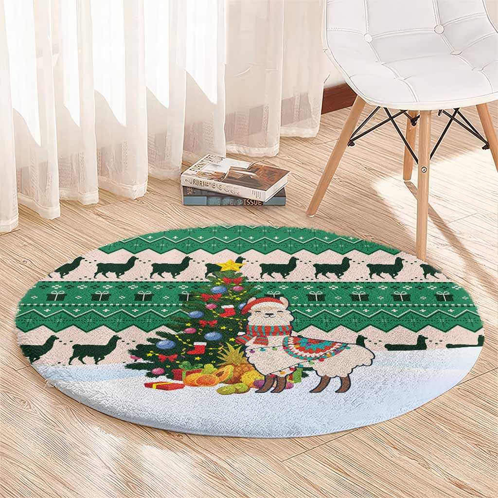 Llama Decorating Tree in Santa Hat Round Carpet with Green Gift Pattern Design - Wonder Print Shop