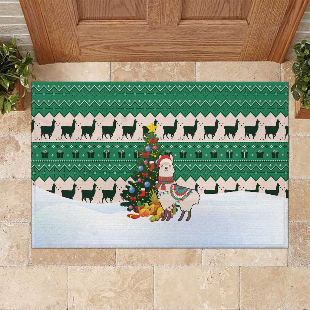 Llama Decorating Tree in Santa Hat Rubber Doormat with Green Gift Pattern Design - Wonder Print Shop