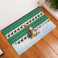 Llama Decorating Tree in Santa Hat Rubber Doormat with Green Gift Pattern Design - Wonder Print Shop