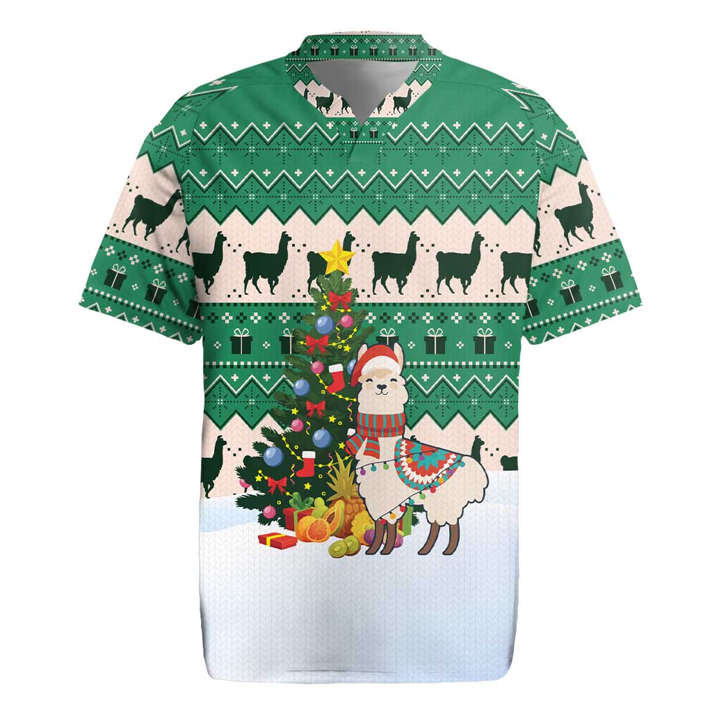 Llama Decorating Tree in Santa Hat Rugby Jersey with Green Gift Pattern Design - Wonder Print Shop