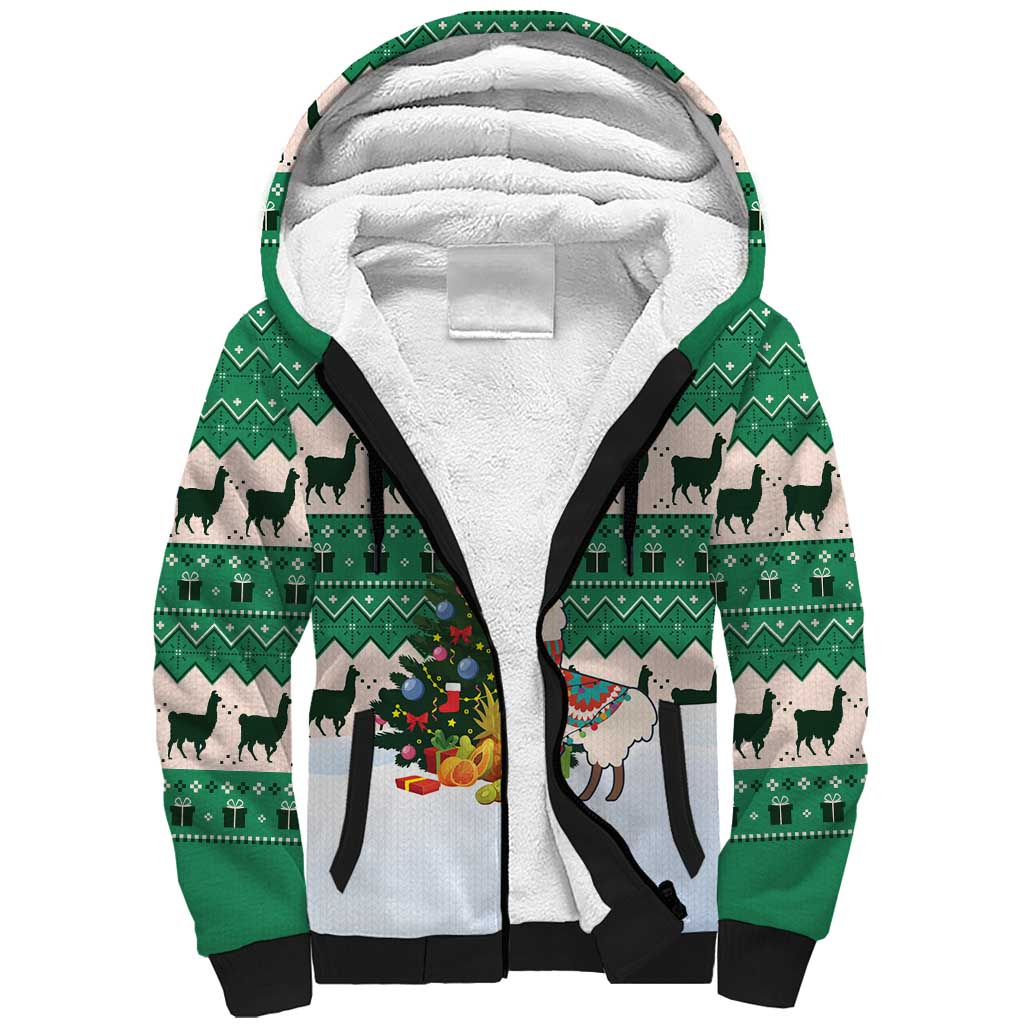 Llama Decorating Tree in Santa Hat Sherpa Hoodie with Green Gift Pattern Design - Wonder Print Shop