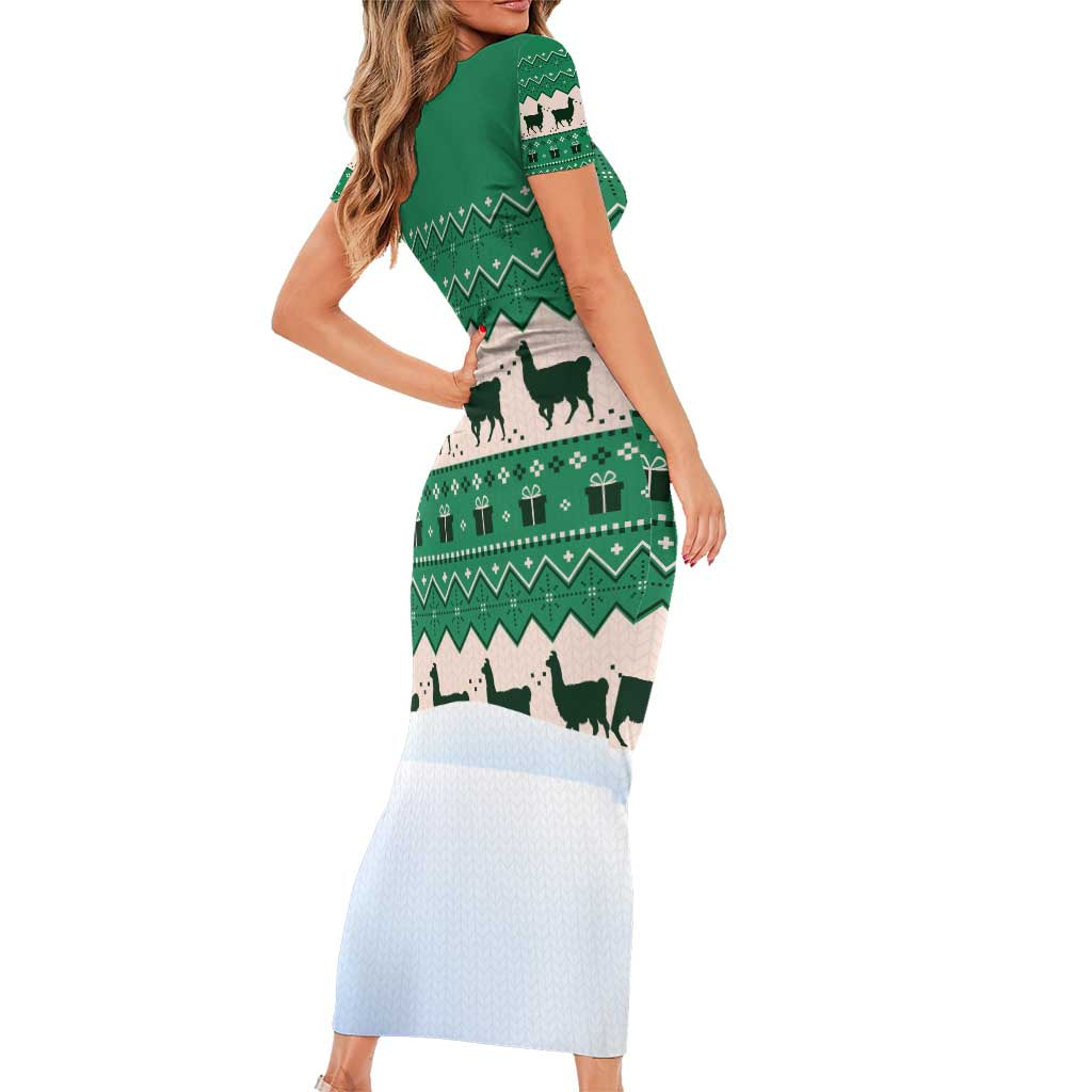 Llama Decorating Tree in Santa Hat Short Sleeve Bodycon Dress with Green Gift Pattern Design - Wonder Print Shop